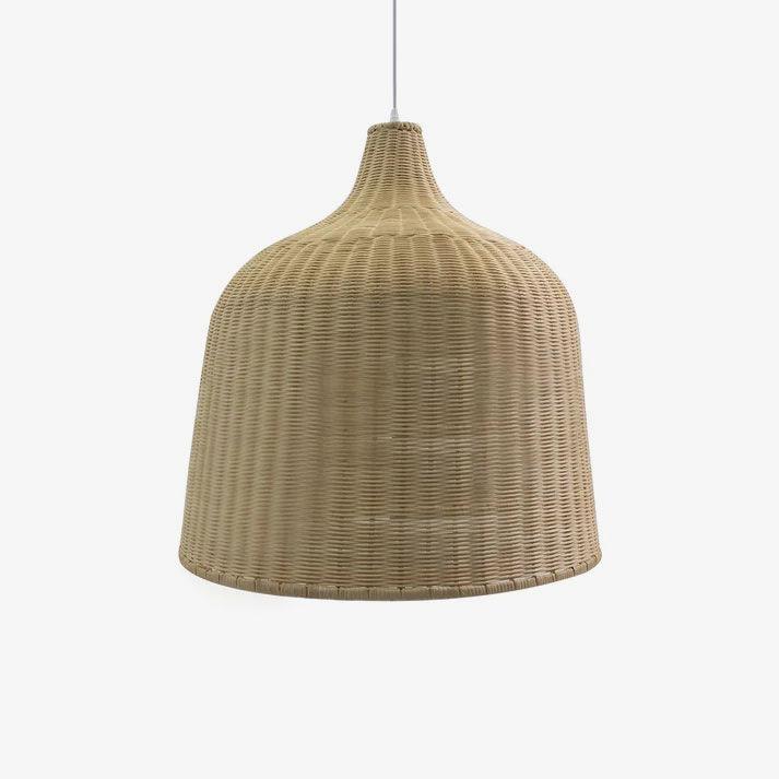 Bell-shaped rattan shade on a pale background