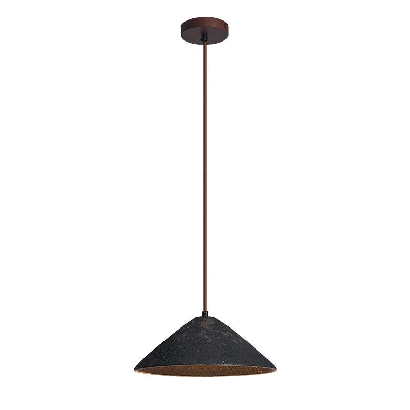 Black textured ceramic cone pendant with brown suspension and a round dark-brown ceiling canopy, isolated on white
