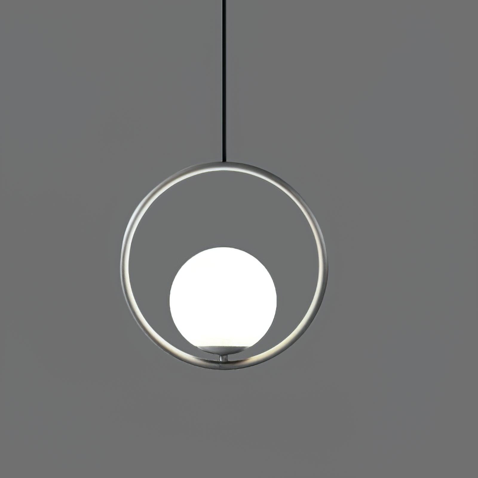 Silver-coloured circular pendant frame with a white globe at the bottom