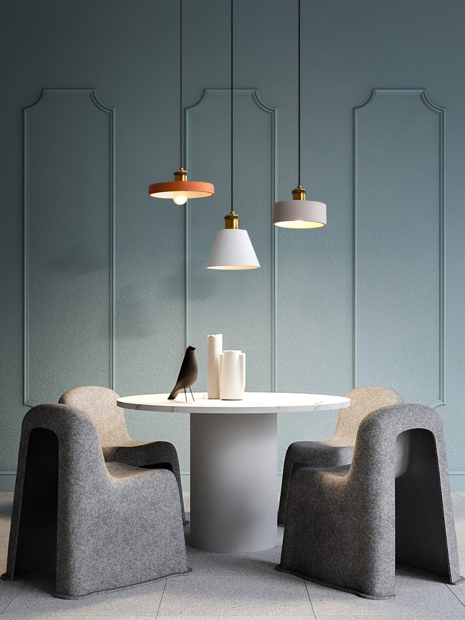 Mixed geometric shades in a dining nook