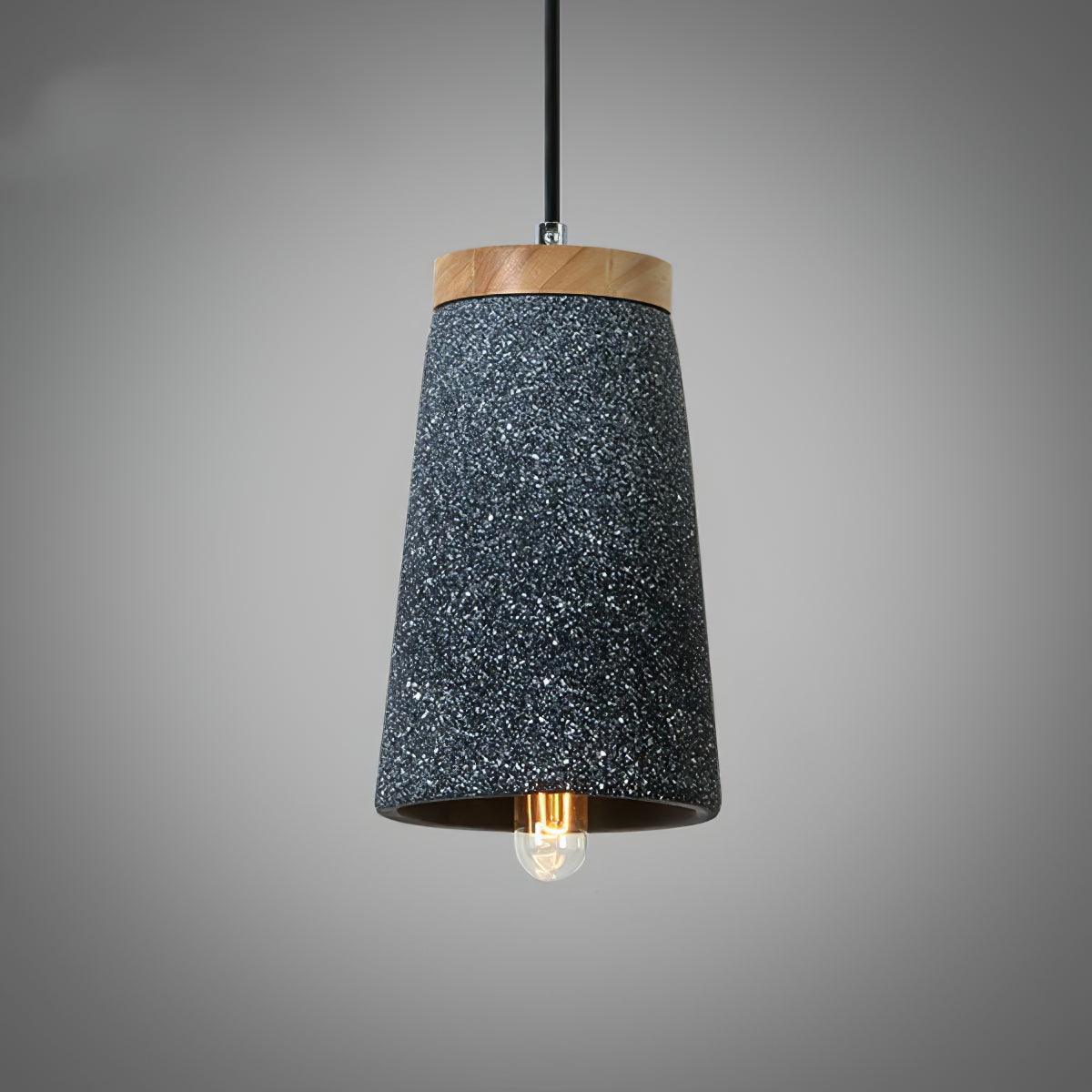 Black speckled Coburg shade with a wooden top and open underside