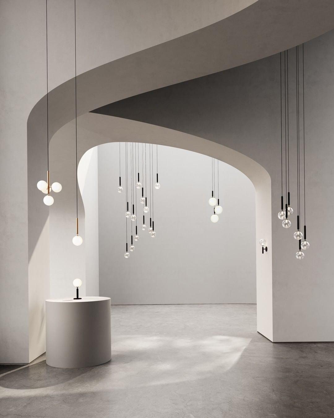 Several globe pendant layouts displayed in an interior