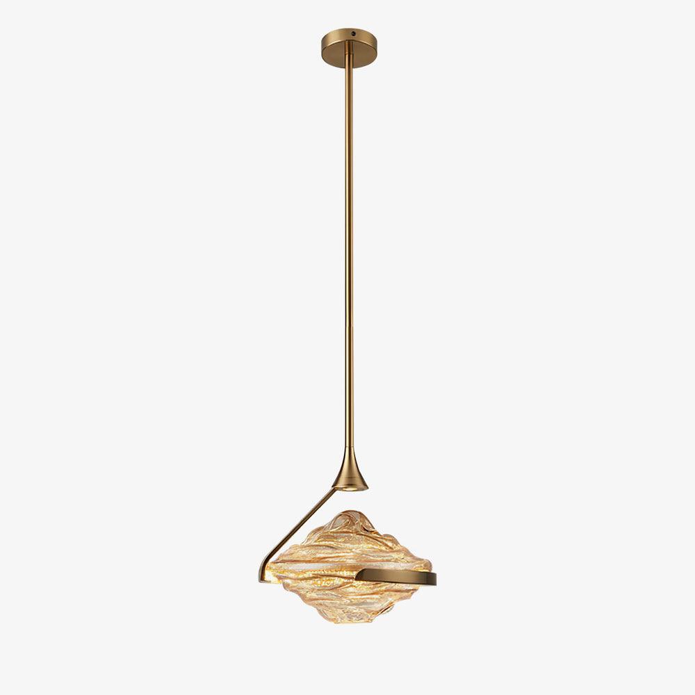Gold-toned long-rod pendant with rippled glass in an open cradle, shown illuminated on pale background