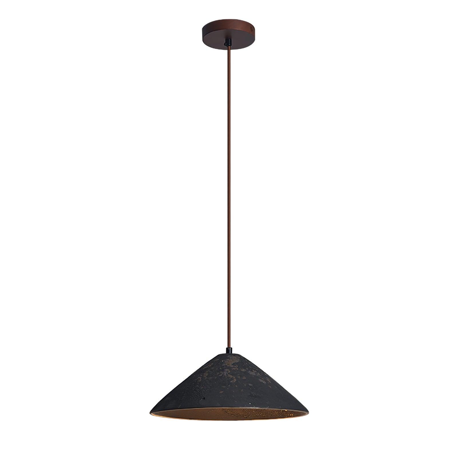 Full view of a black mottled cone pendant with long brown cord and round dark-brown canopy against white