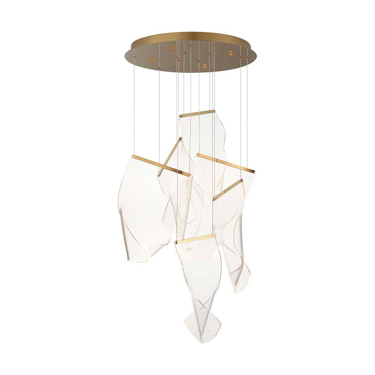 Six transparent acrylic elements hanging beneath a gold-coloured round canopy