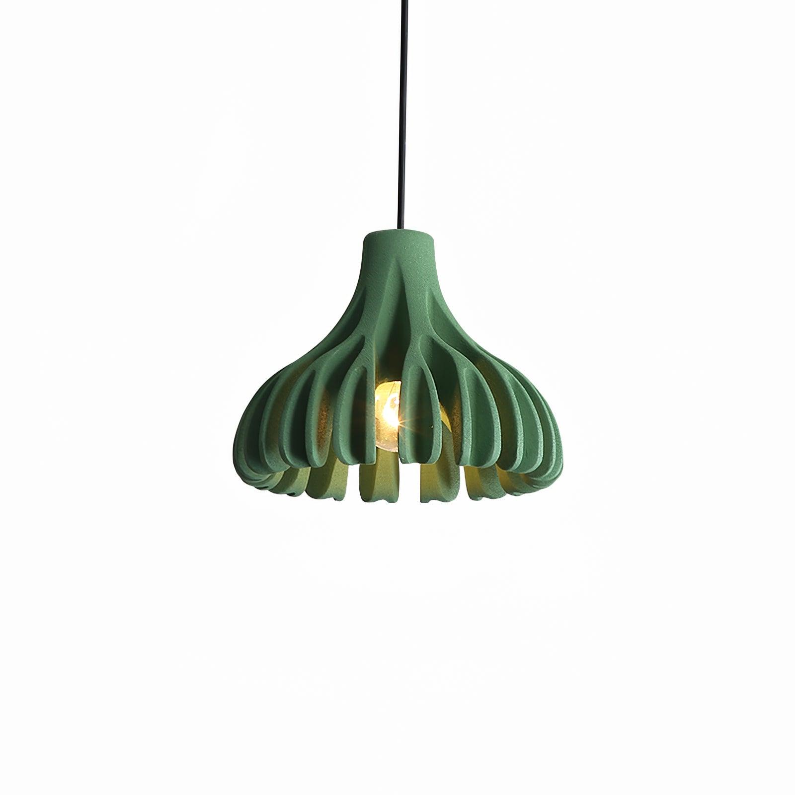Green Coral Resin pendant with curved open ribs around a visible bulb