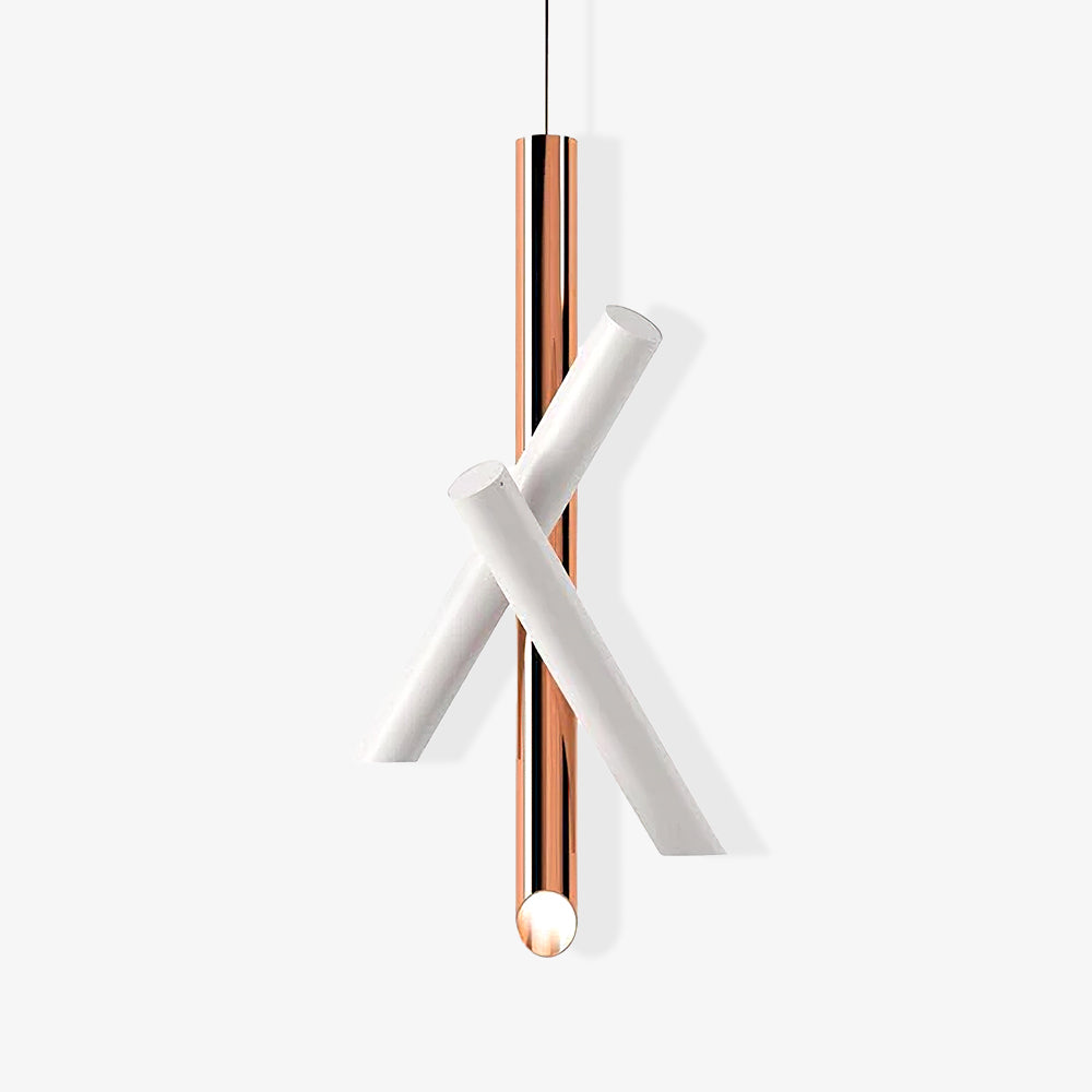 Front view of a Tubes pendant with white crossing arms and a rose-gold vertical tube