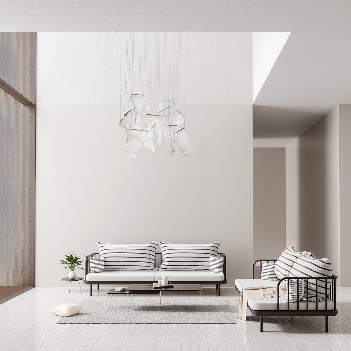 Small transparent acrylic cascade in a bright living room