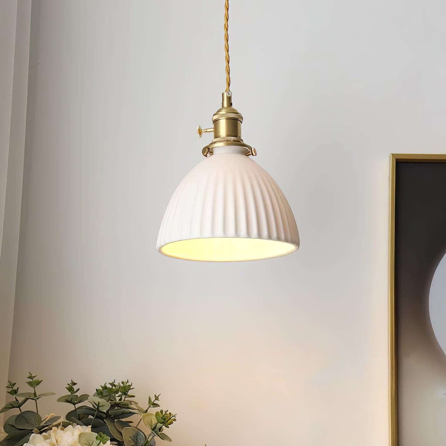 Brass Pleated Ceramic Pendant Lamp - Cueteks