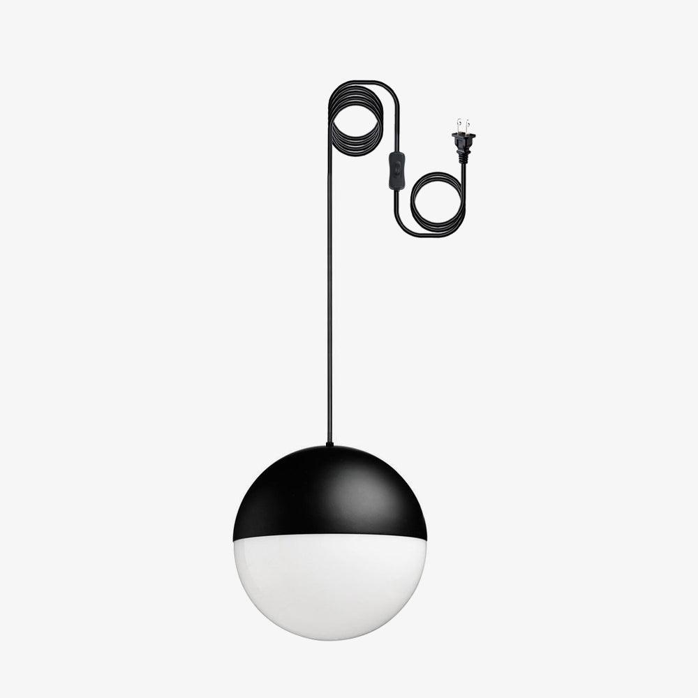 Black upper and pale lower spherical pendant shade with coiled black cable, inline switch and plug