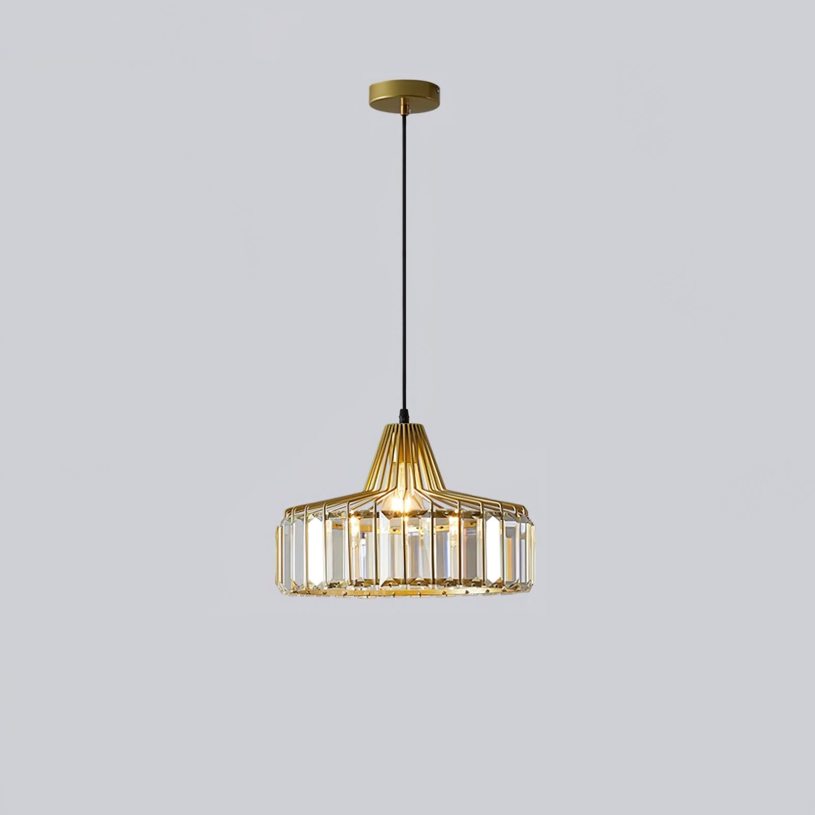 Wide gold-coloured drum pendant with faceted clear glass panels
