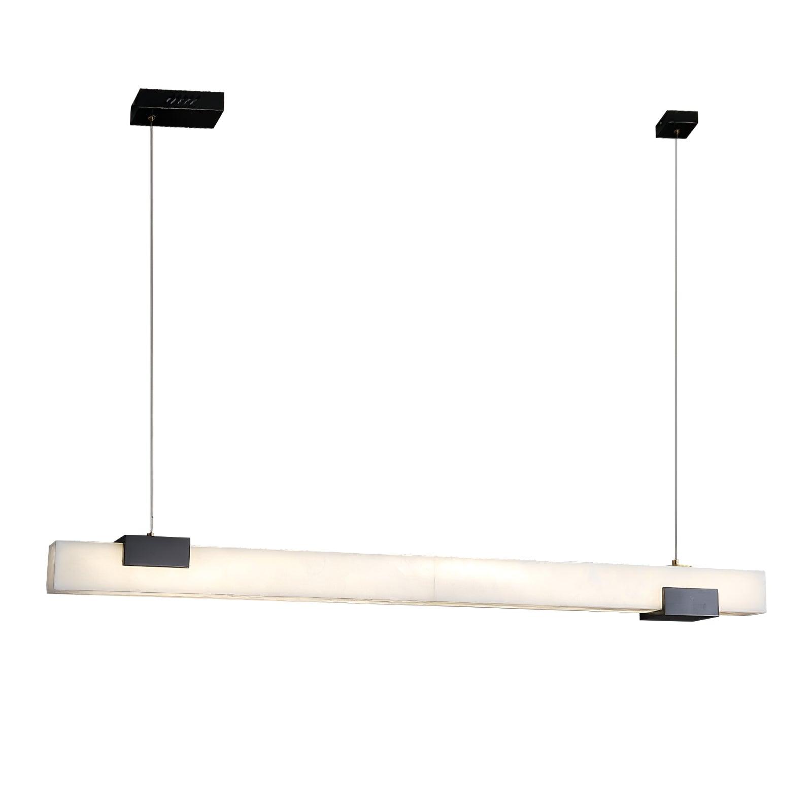 Isolated glowing white rectangular pendant bar suspended from two black ceiling canopies on a white background