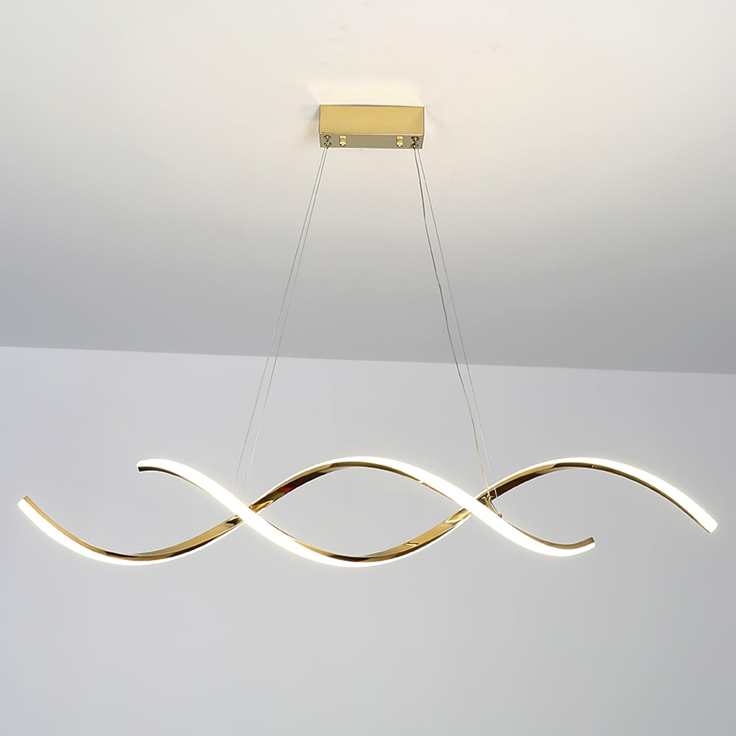 Low-angle gold wave pendant with glowing pale strips, reflective sides and a rectangular canopy