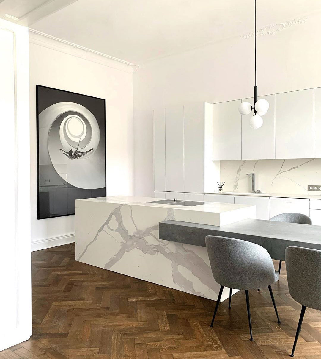 White globe cluster over a pale dining area