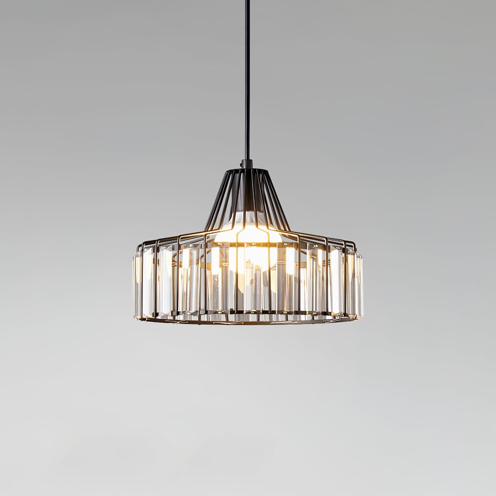 Black metal cage and clear glass drum shade