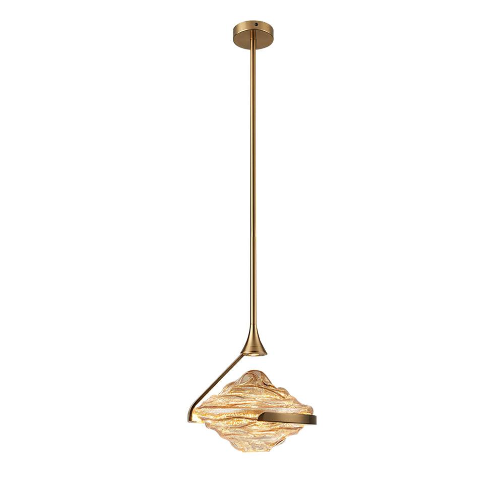 Isolated gold-toned rod pendant with illuminated rippled glass, angular support and round canopy on white