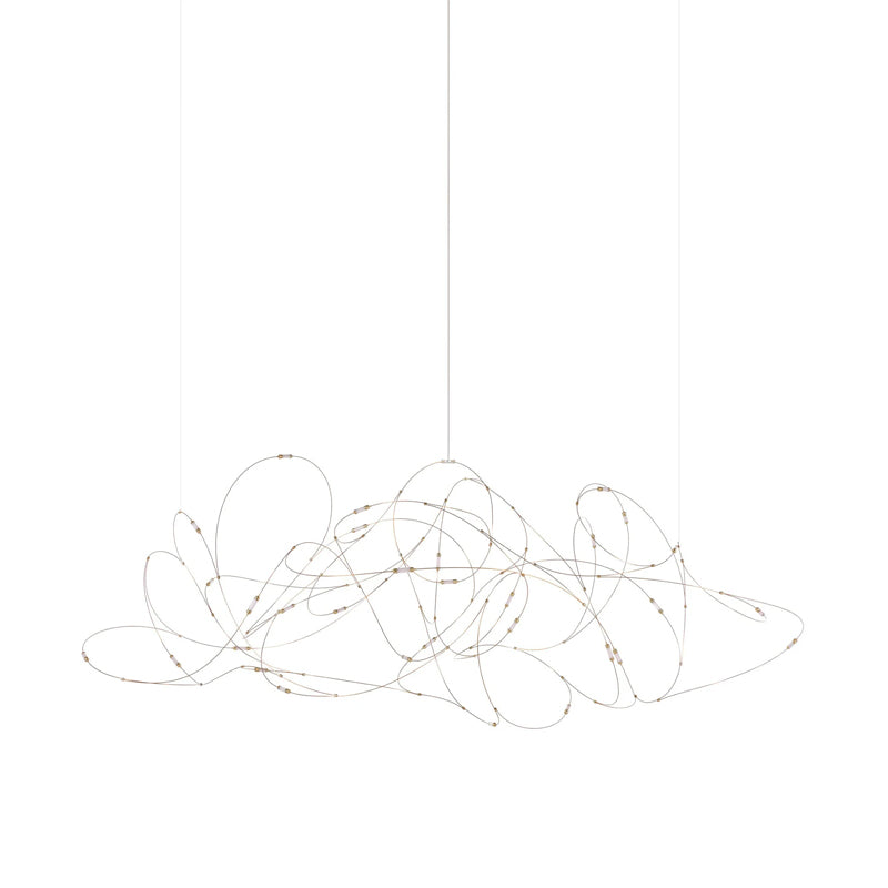 Wide stretched wire-loop pendant with muted wires and gold-tone fitting details on white