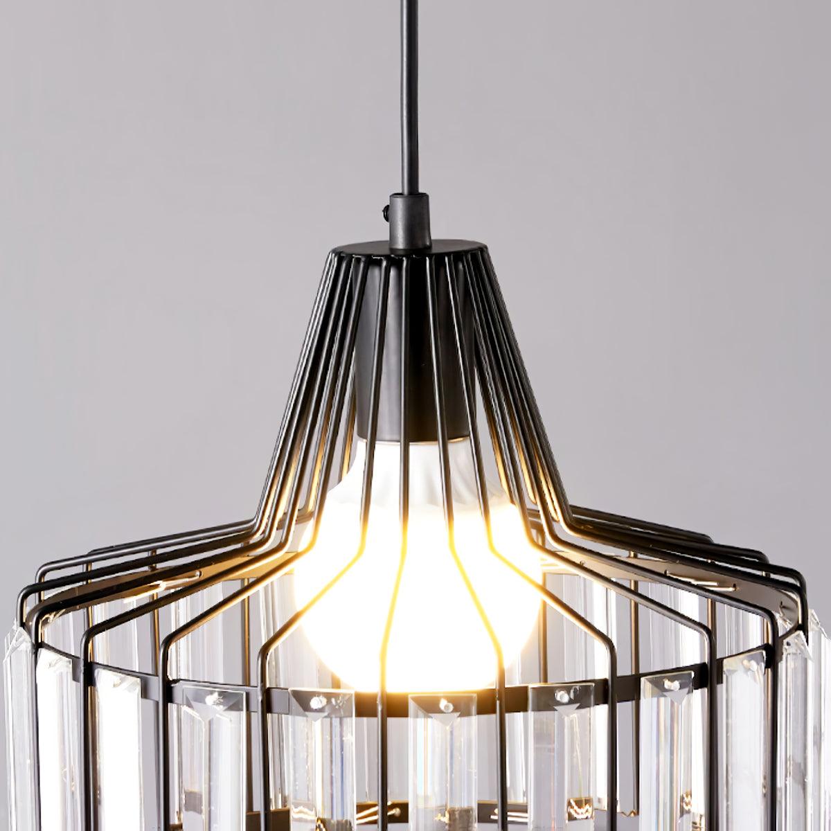 Close-up of the tapered black cage around a glowing bulb