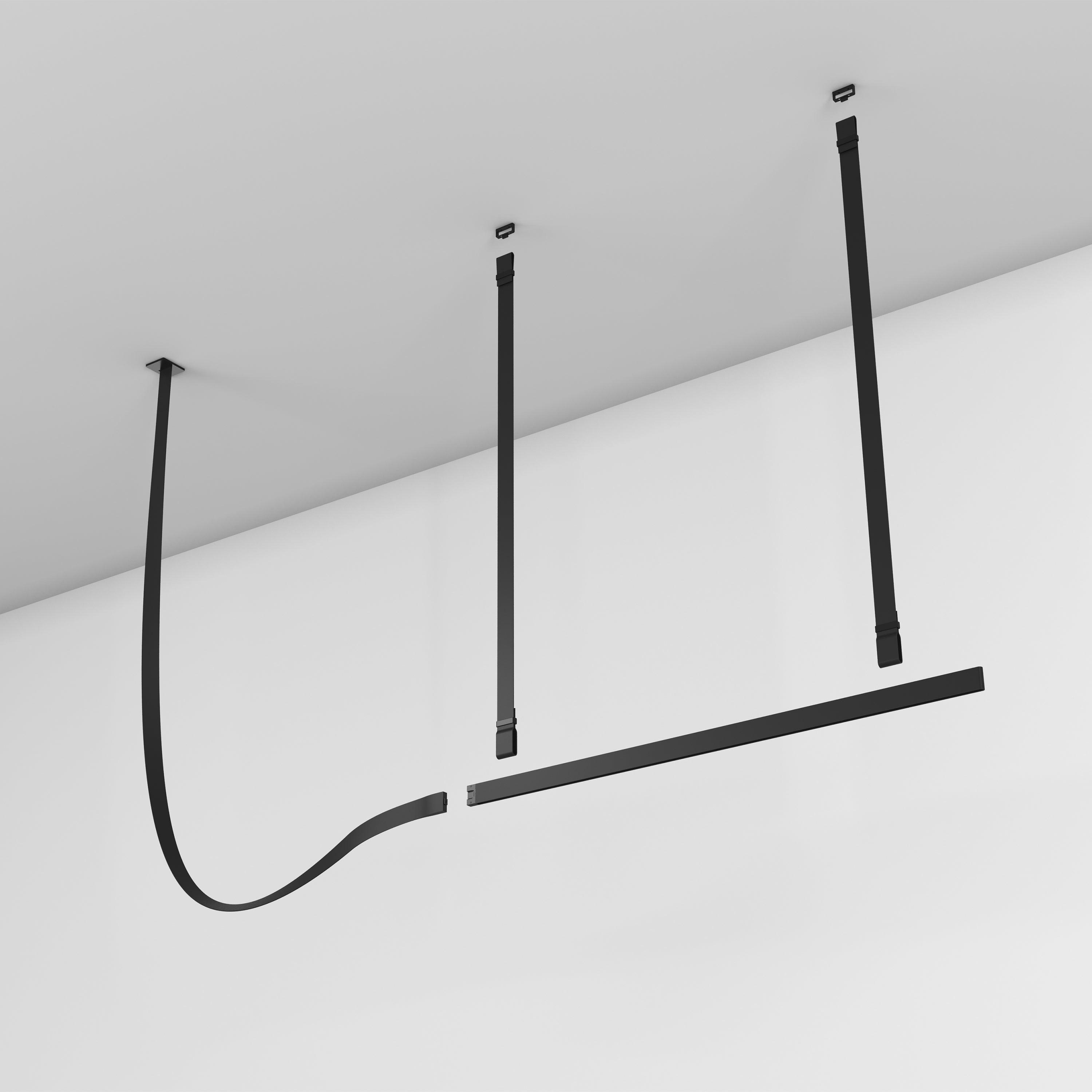 Black profile and curved end below three suspension points