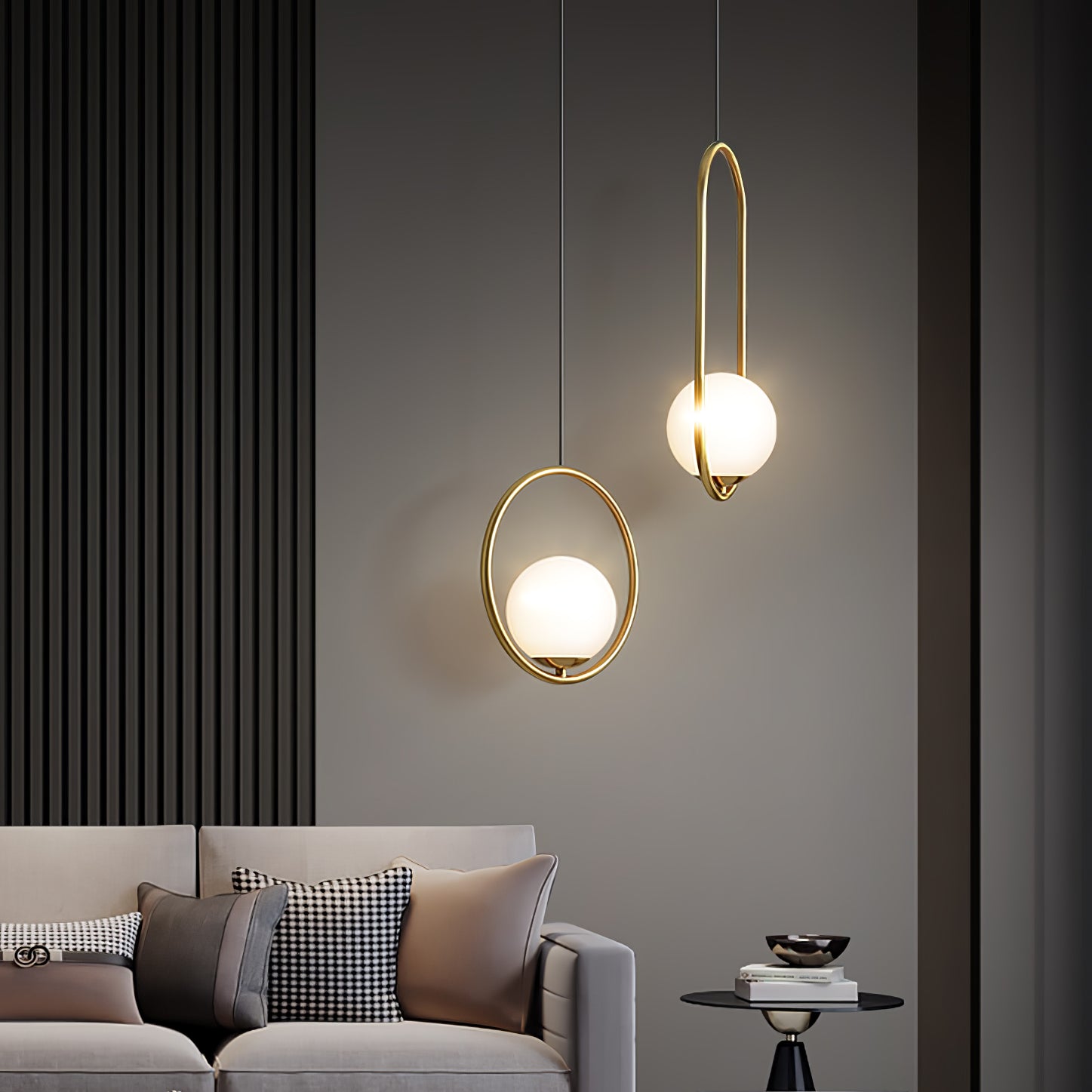 Oval and round frame pendants in a living room