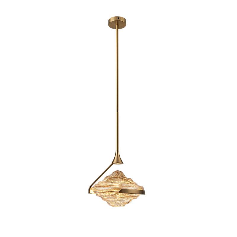 Full gold-toned Diamond rod pendant with illuminated rippled glass and round ceiling canopy, isolated on white