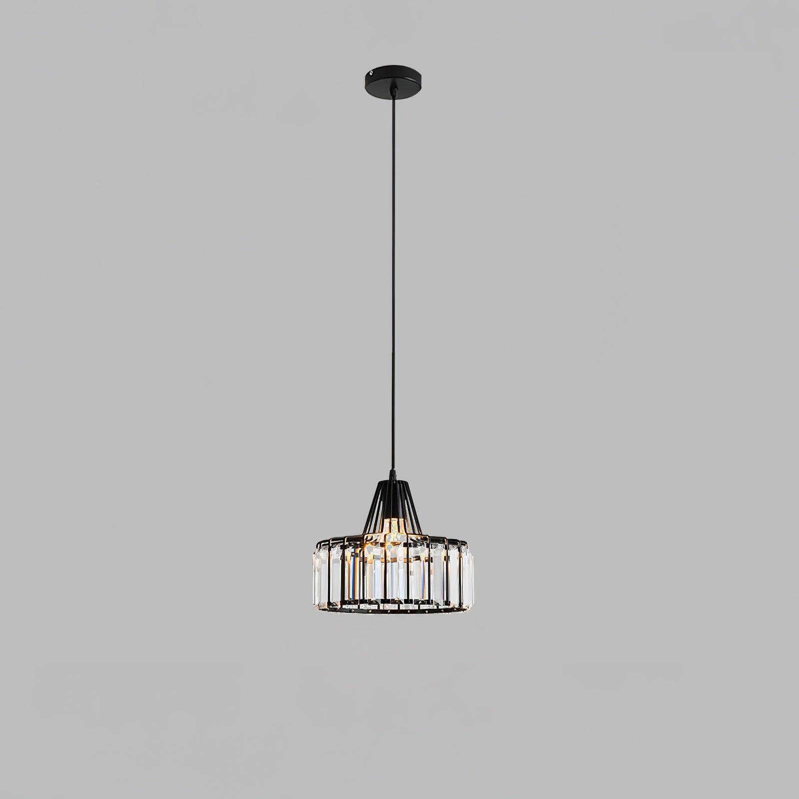 Small black drum pendant with clear glass and a round ceiling canopy