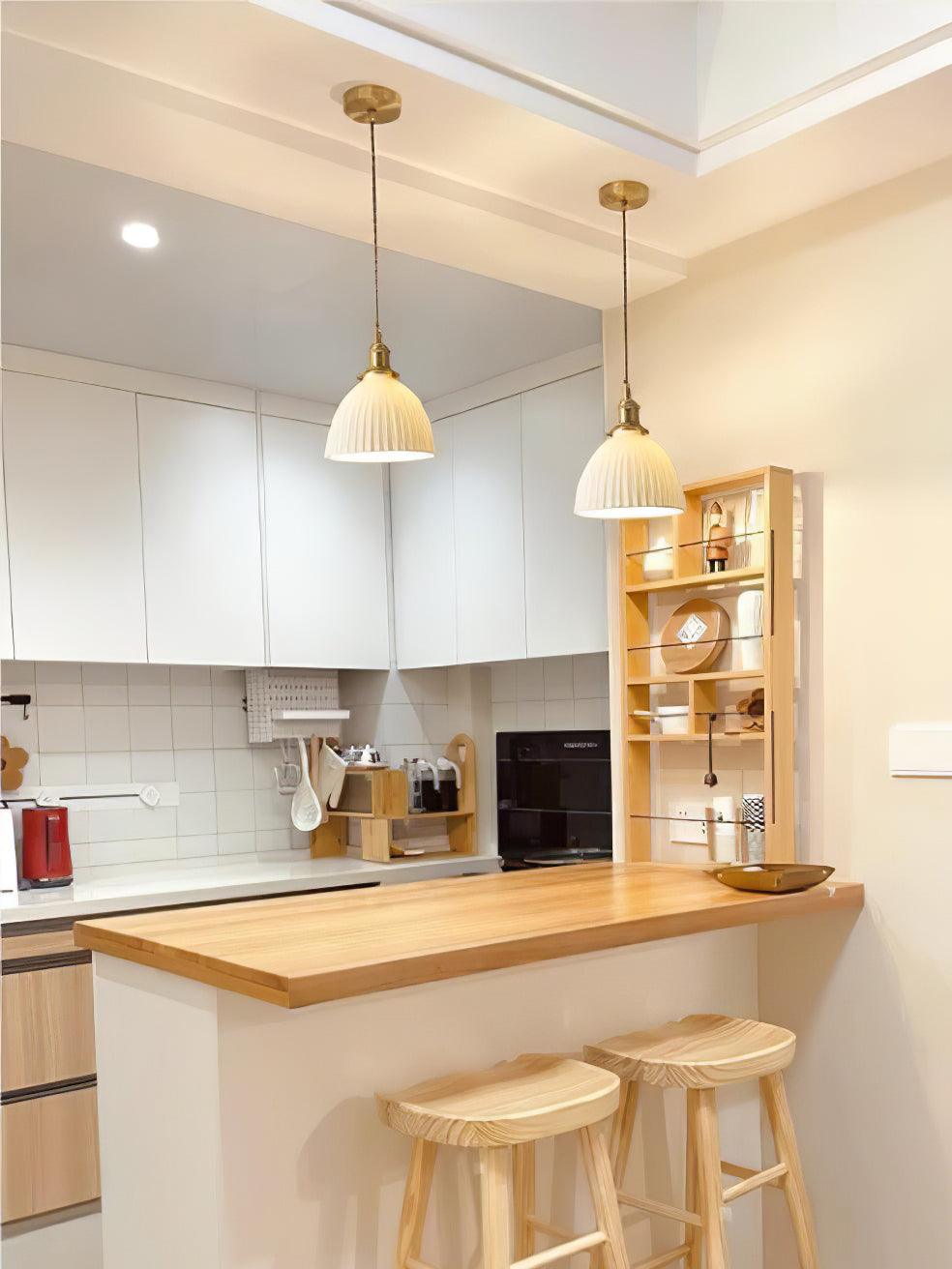 Brass Pleated Ceramic Pendant Lamp - Cueteks