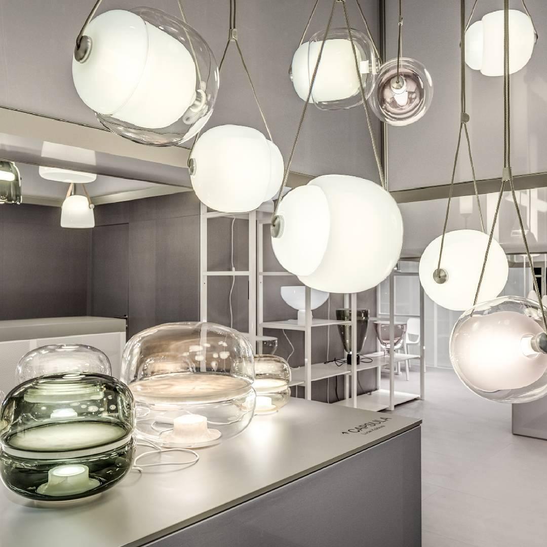 White and clear glass pendants at a lighting display