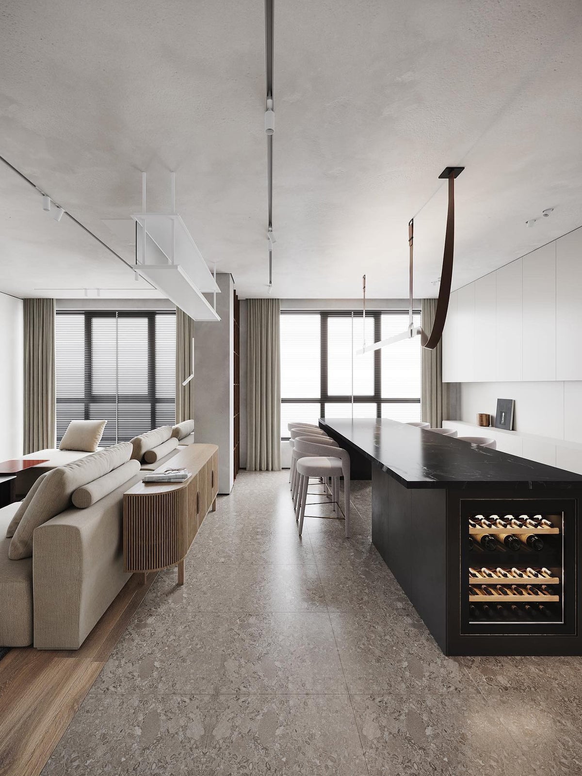 Linear strap pendant in an open-plan room
