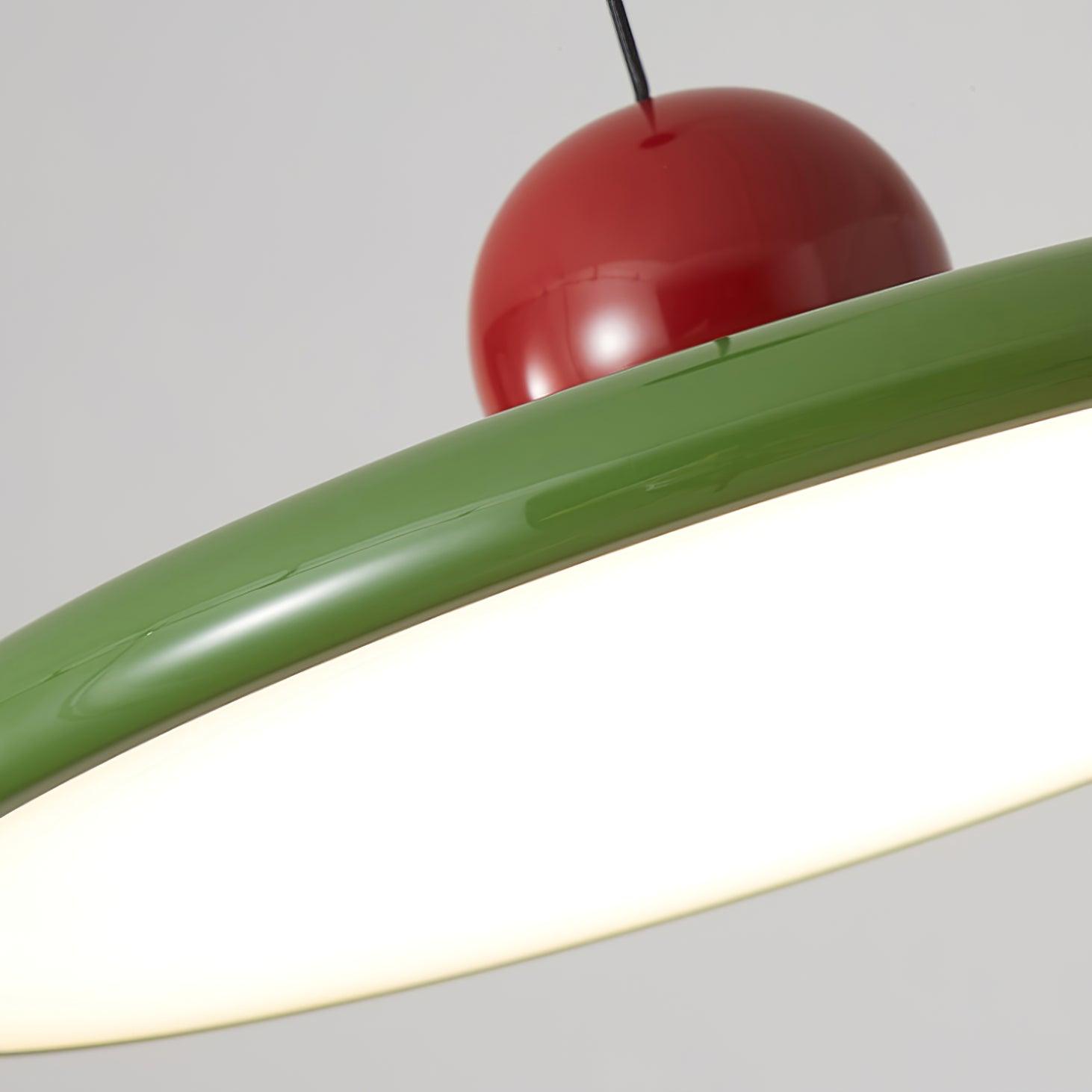 Detail of Lola red sphere, green rim and illuminated diffuser