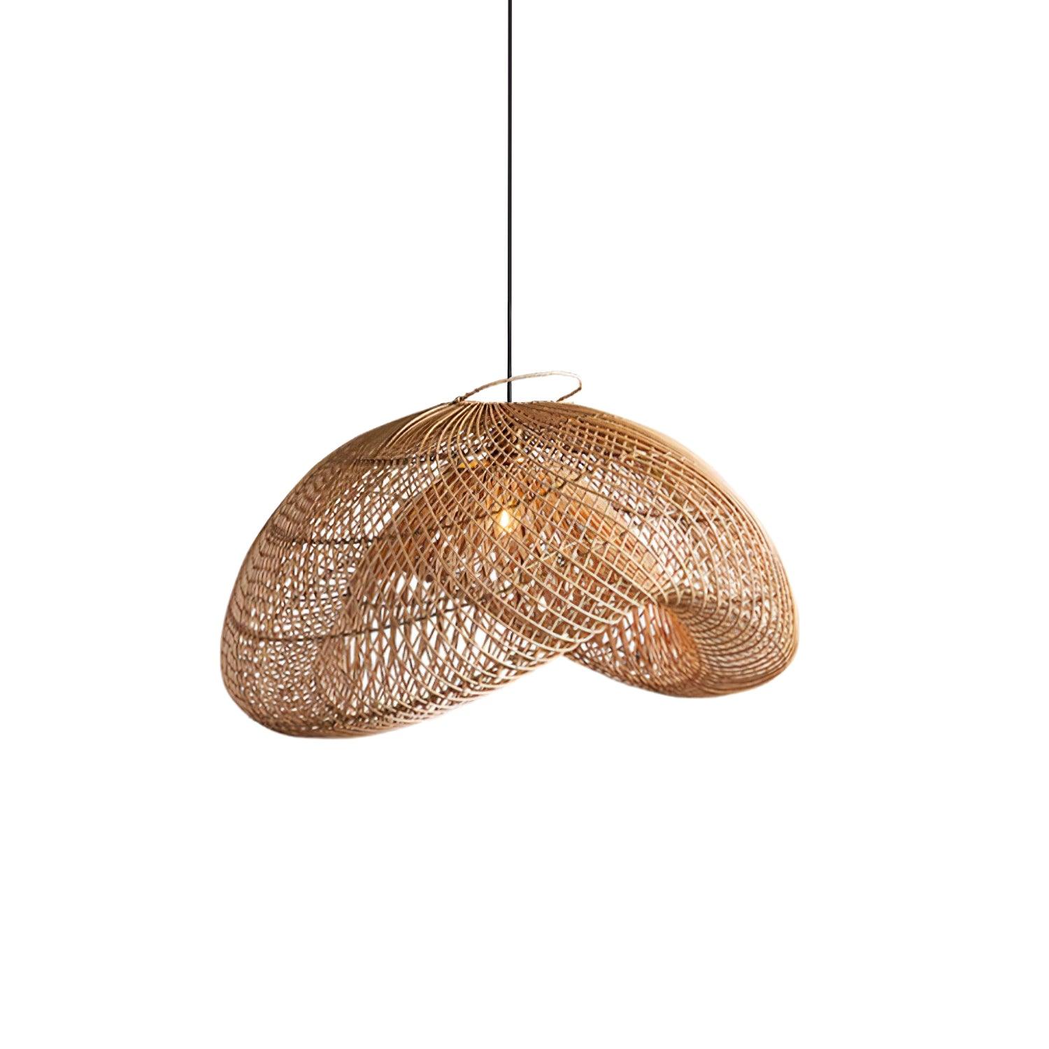 Front view of rattan wave pendant with an undulating open woven shade and black suspension cord on white