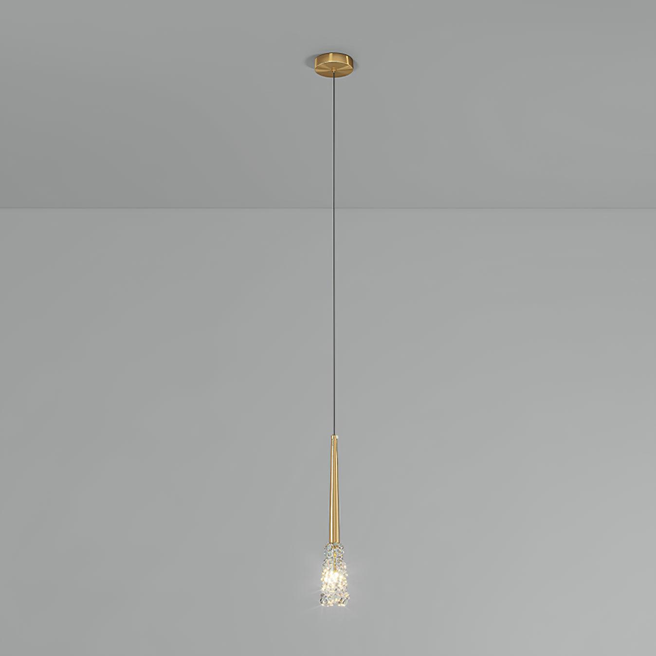 Single Mozzi pendant with a gold stem, clear textured shade and round ceiling canopy