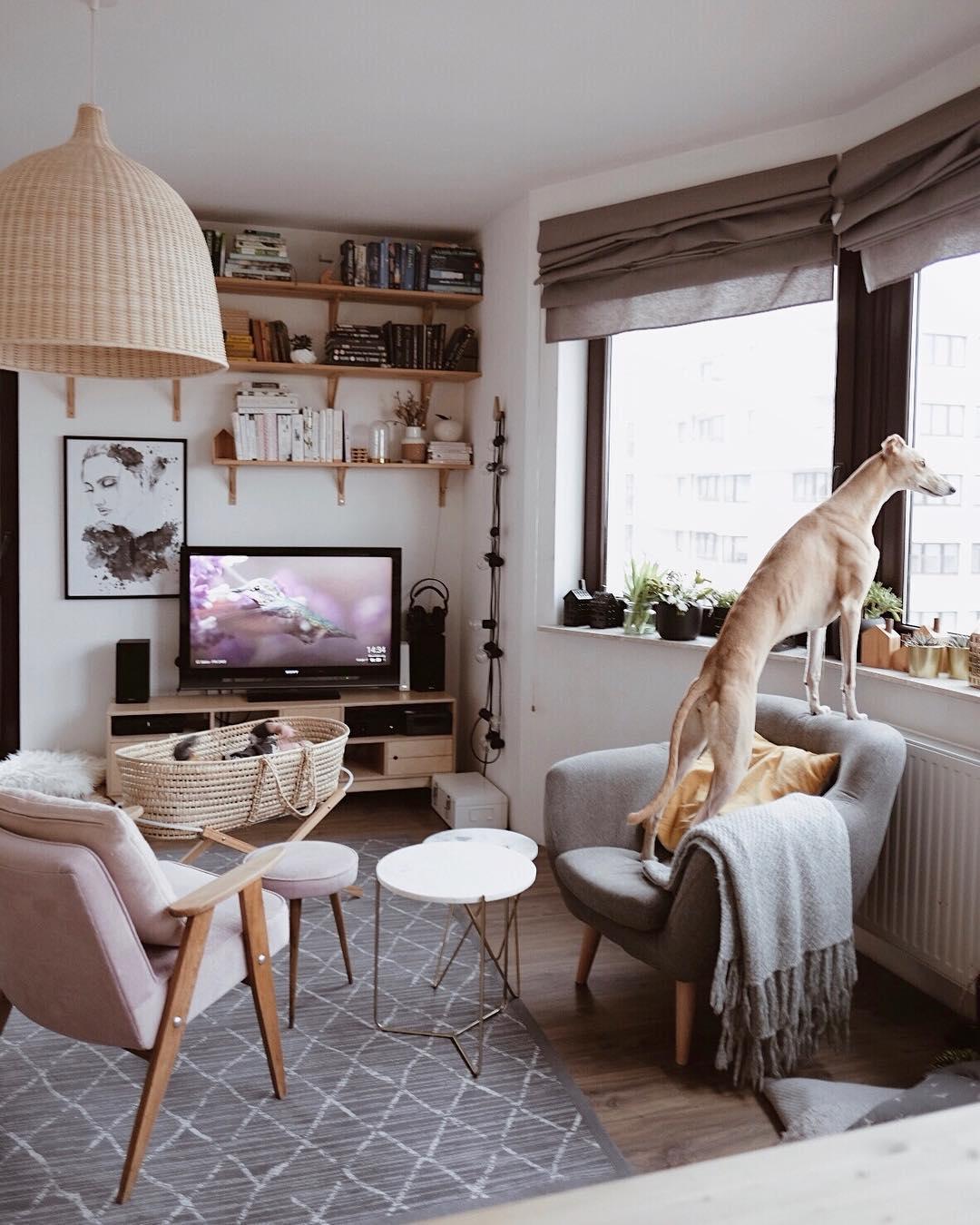 Rattan shade beside a window and television
