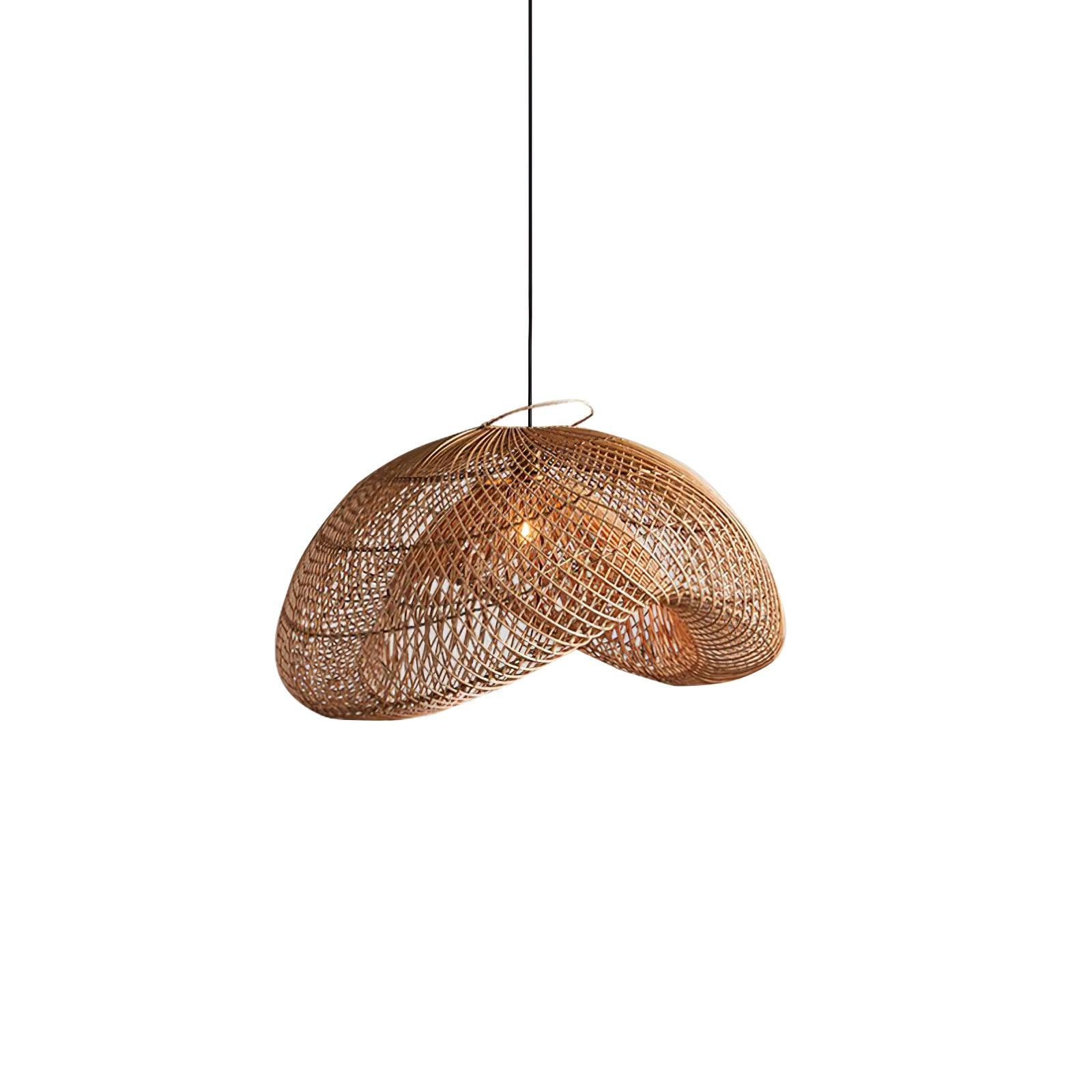 Natural woven wave shade with visible lit bulb, top loop and black cord against a white background