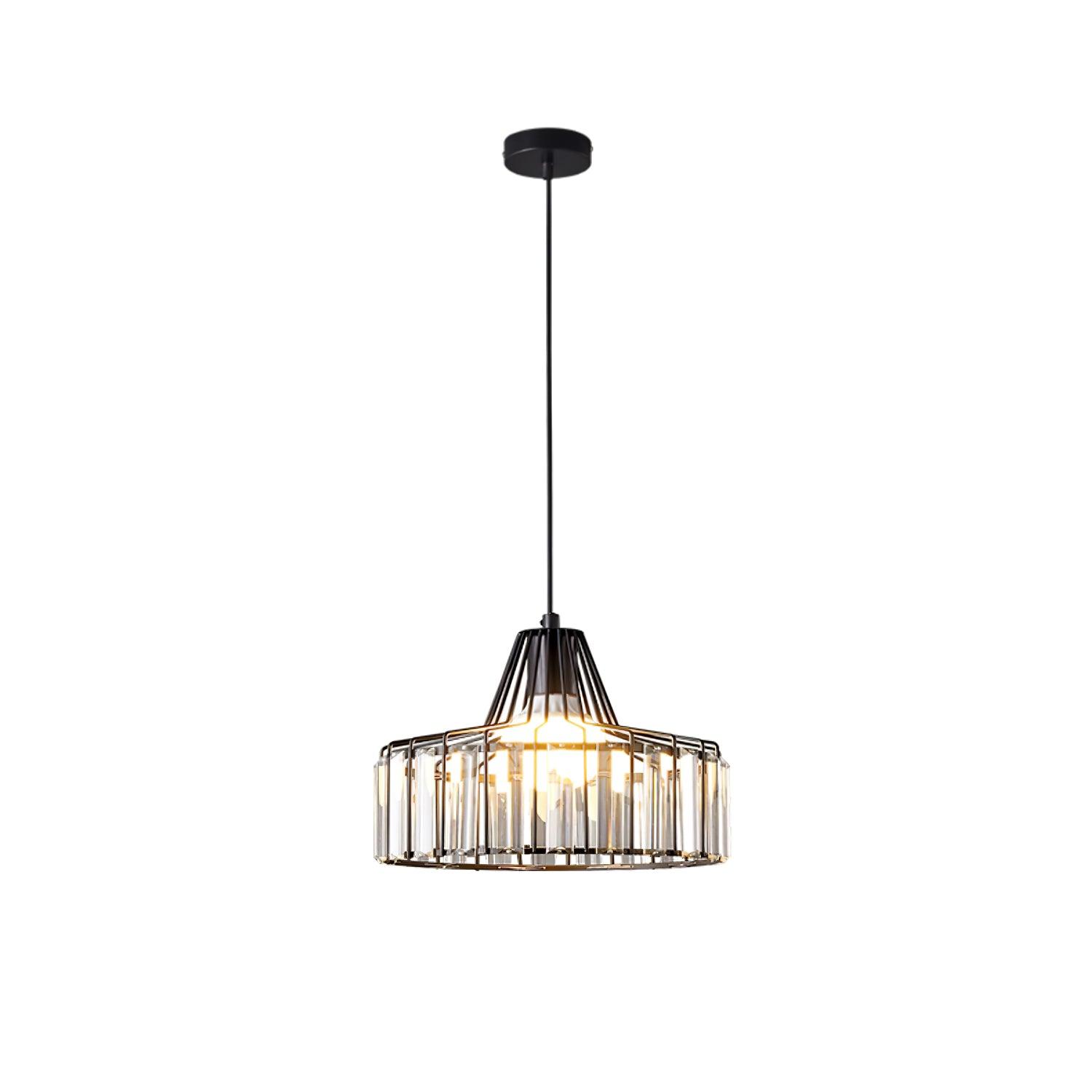 Illuminated black drum shade beneath a round canopy