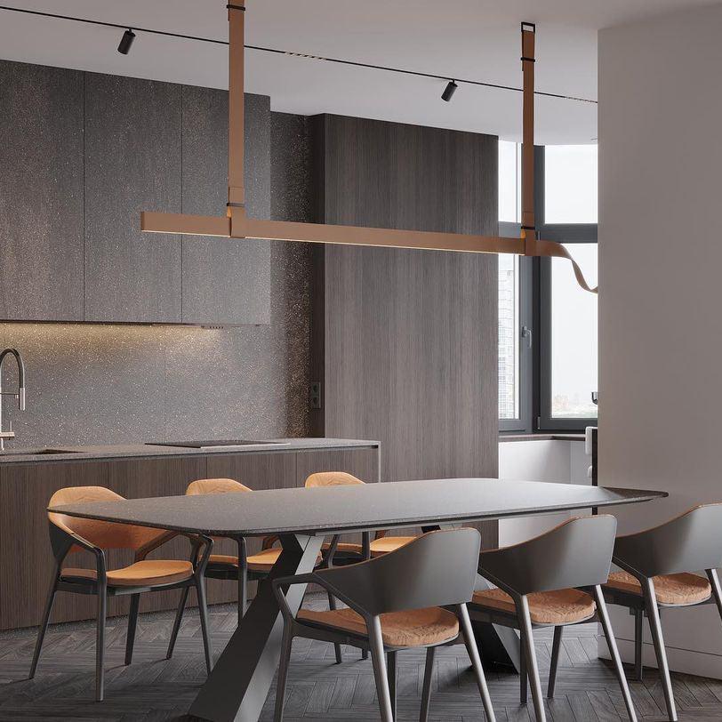 Brown linear profile above a table with grey chairs
