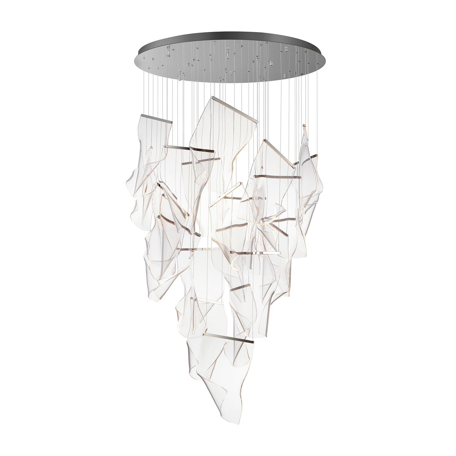 Eighteen-head transparent acrylic chandelier in a tapered cascade with silver-coloured fittings