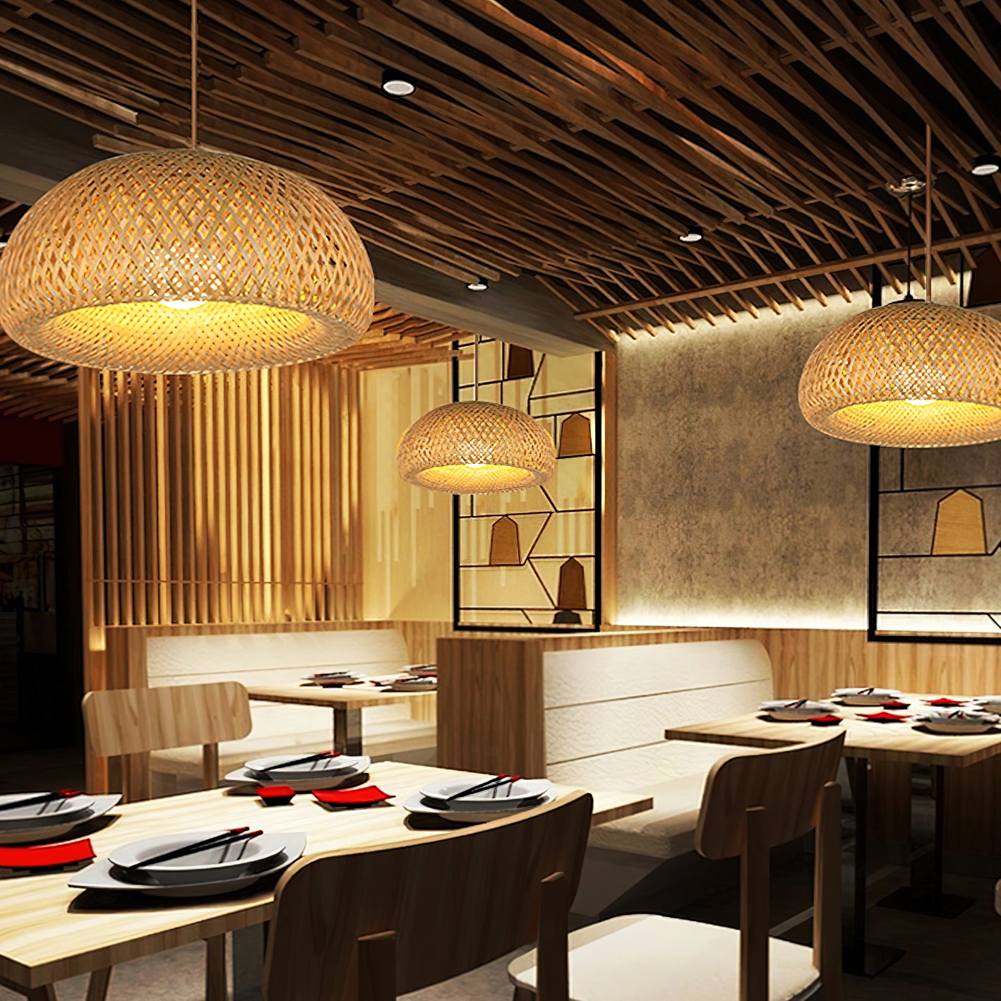 Three lit bamboo dome pendants over restaurant tables with black plates, red napkins, wood chairs and slatted ceiling