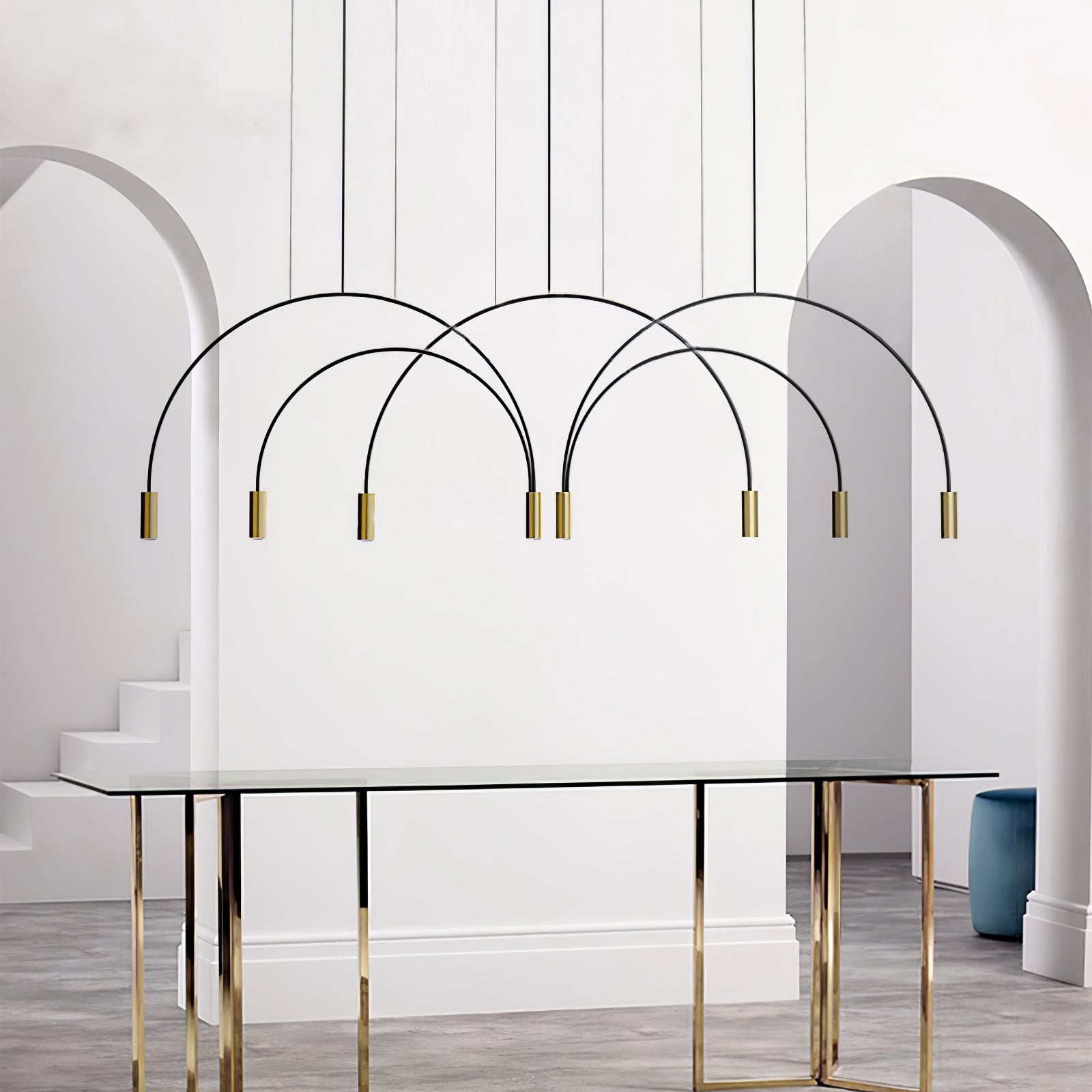 Overlapping arches above a narrow table