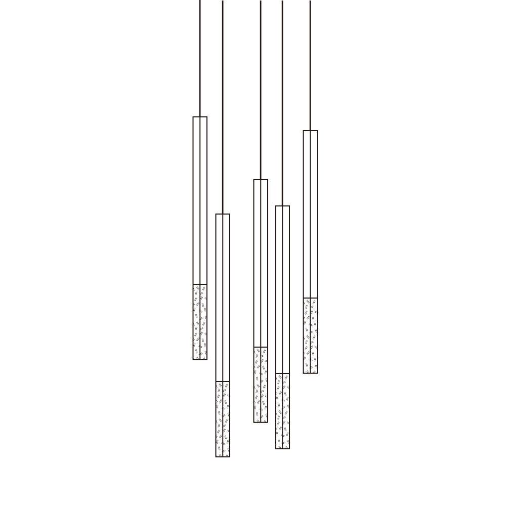 Line illustration of five narrow pendant shafts with patterned tips at staggered heights