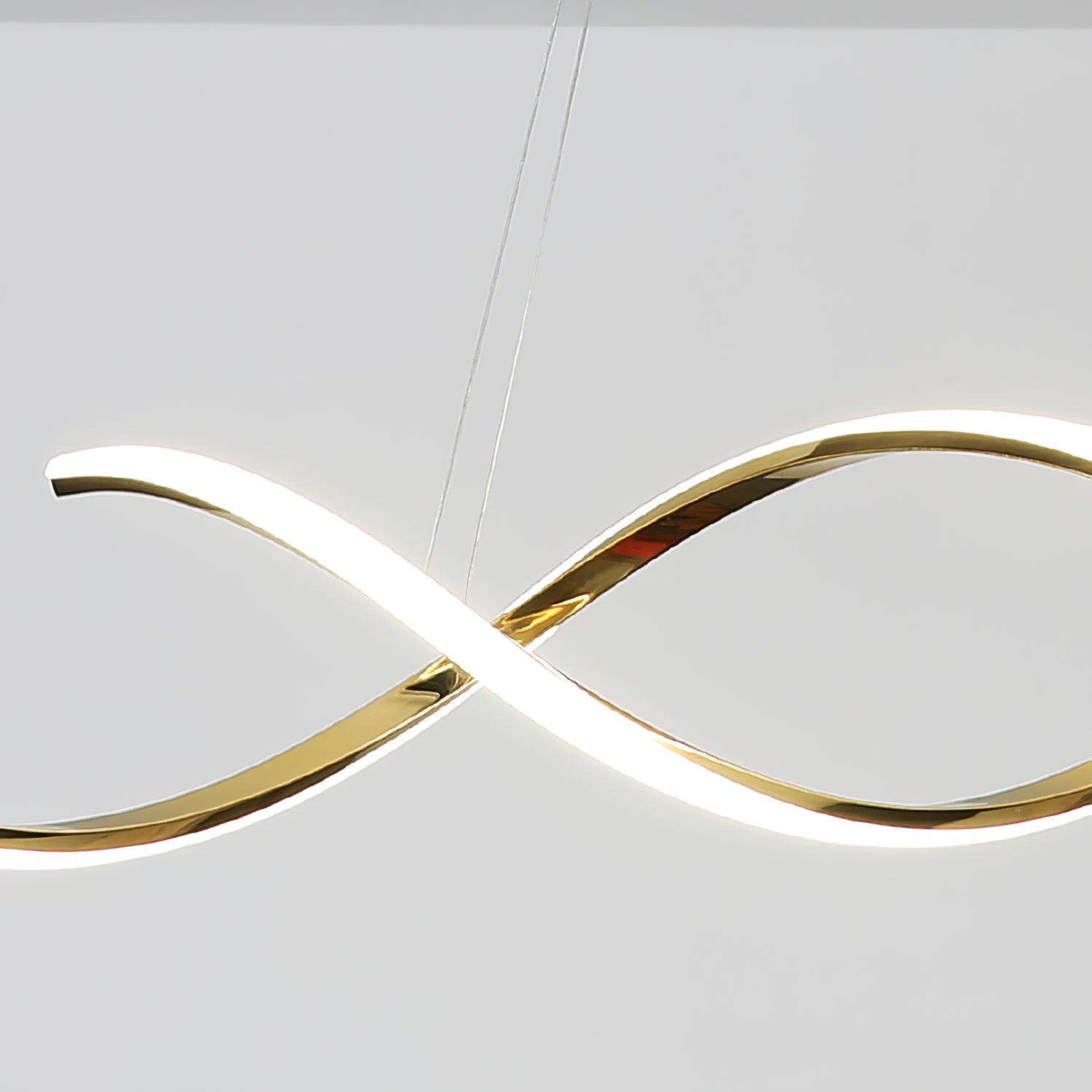 Close-up of crossing gold ribbons with illuminated pale strips and fine suspension wires