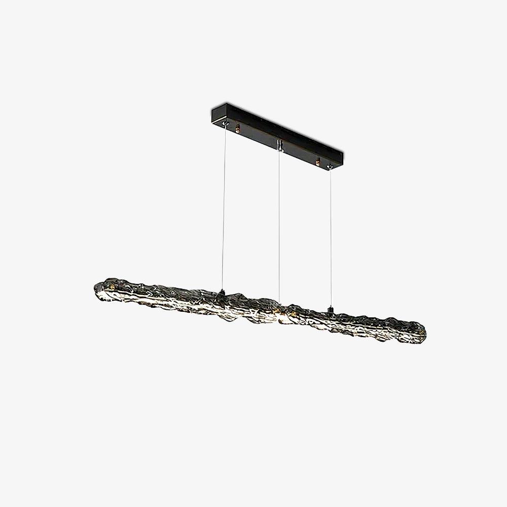 Illuminated dark wavy linear pendant beneath a black rectangular canopy, angled on white