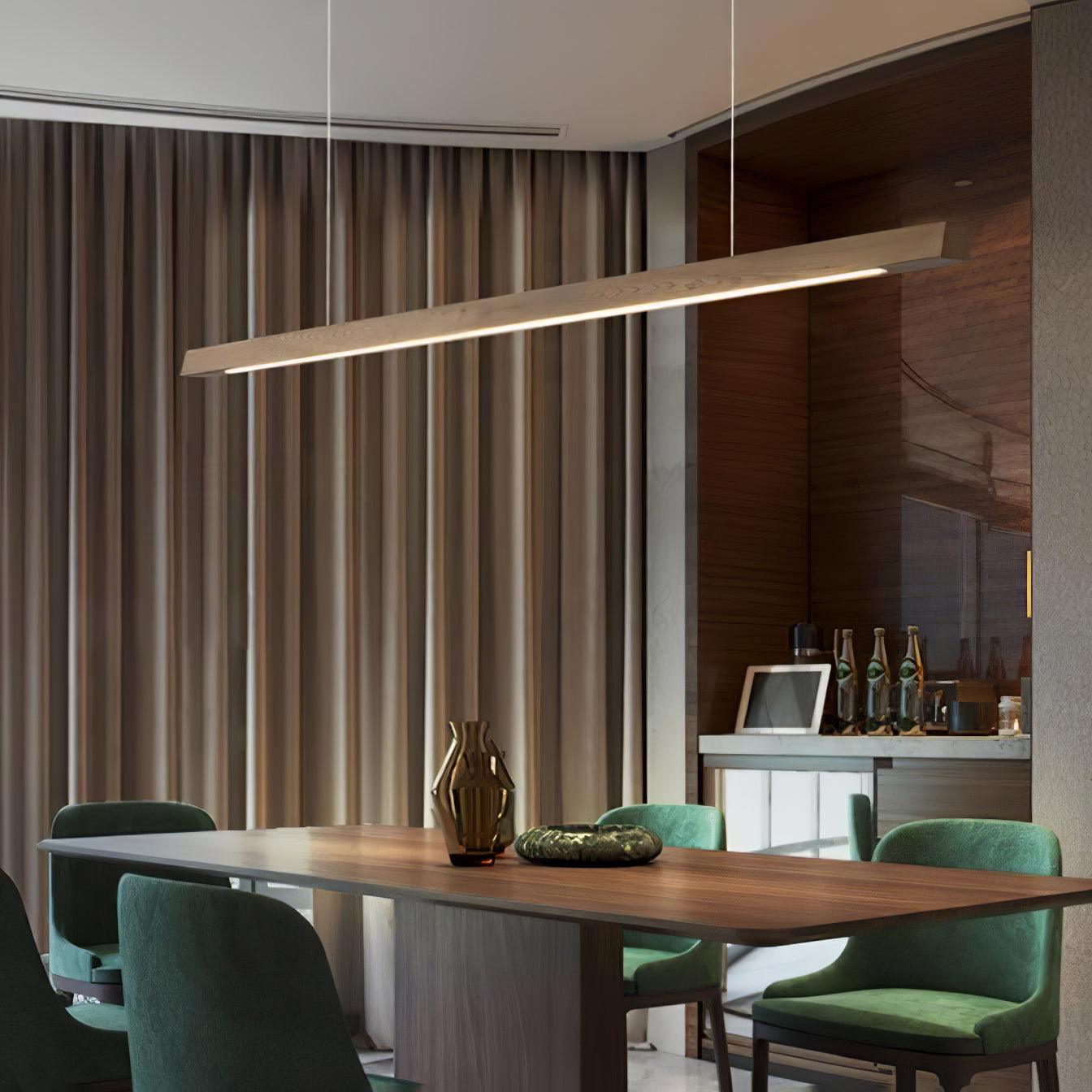 Angled natural wood-colour pendant in a dining area
