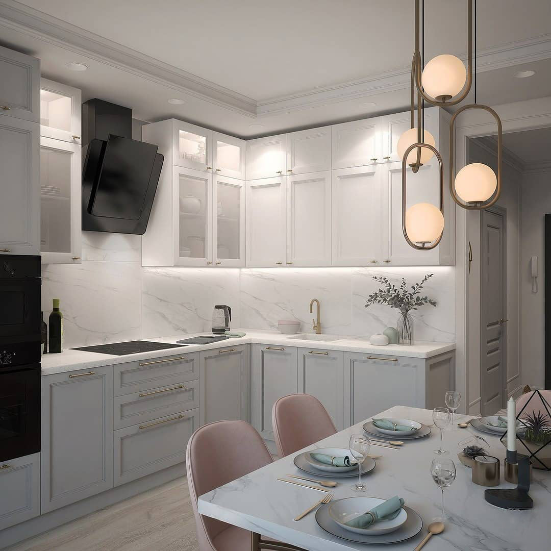 Oval globe pendants beside a kitchen dining area