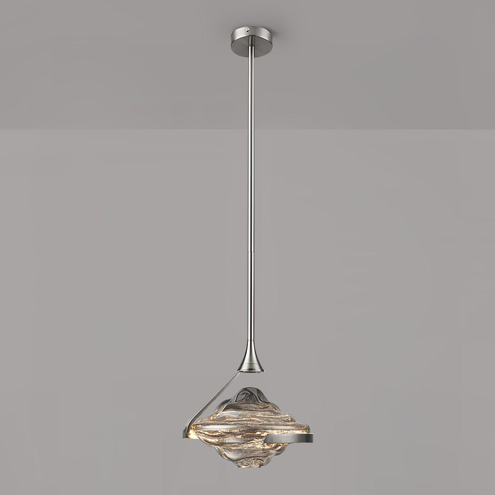 Chrome-looking long-rod pendant with illuminated smoky rippled glass and round canopy, alternate view