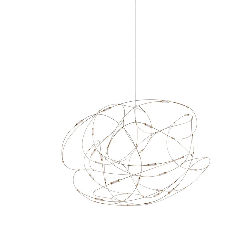 Compact rounded wire-loop pendant with muted wires and gold-tone fitting details on white