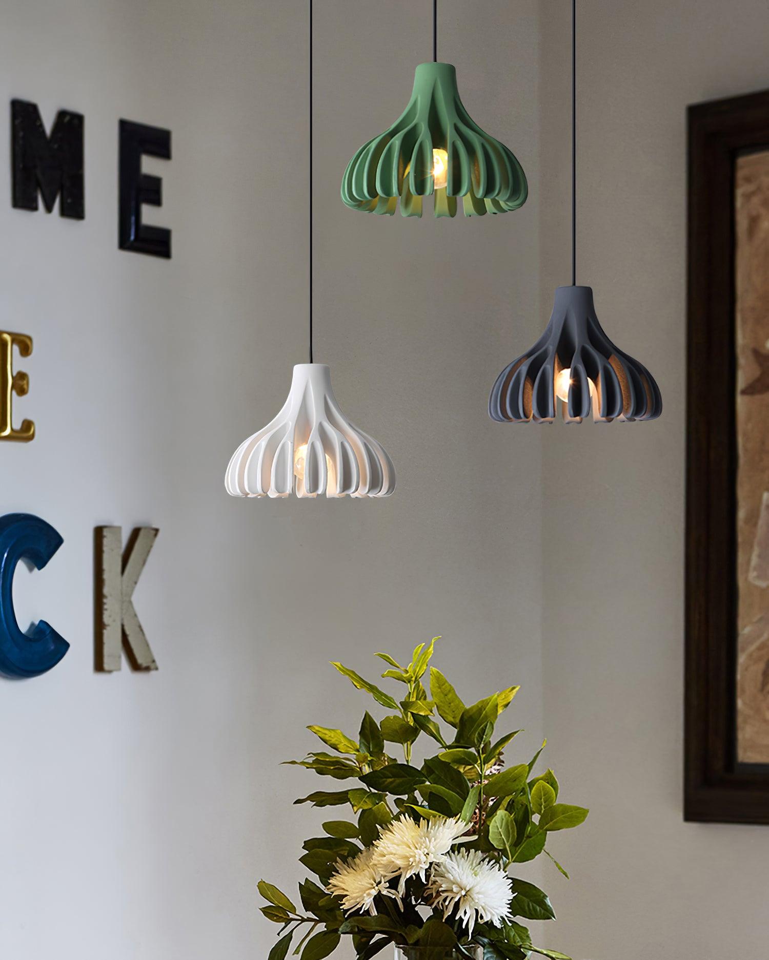 Green White and Grey pendants on a feature wall