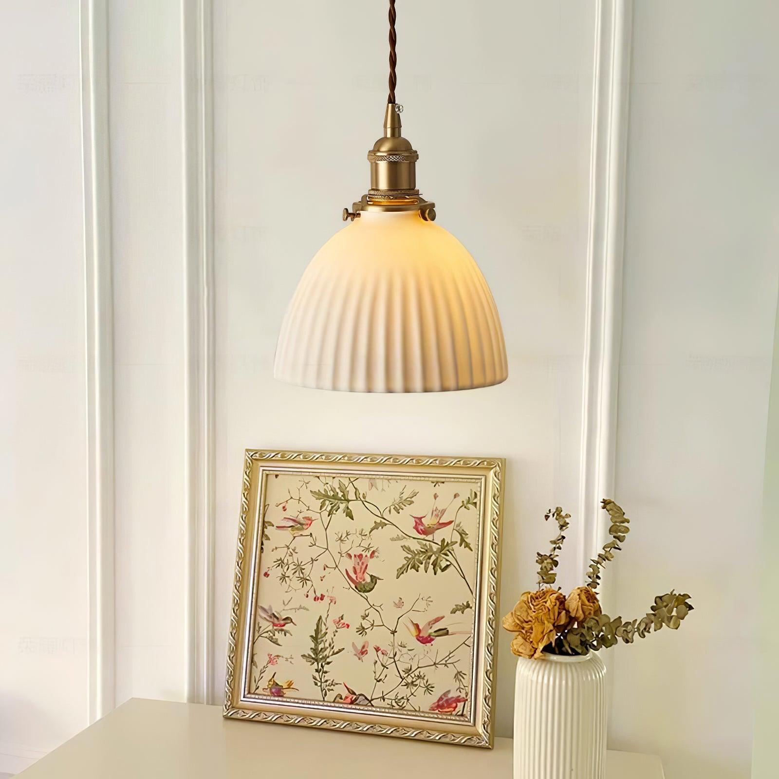 Brass Pleated Ceramic Pendant Lamp - Cueteks