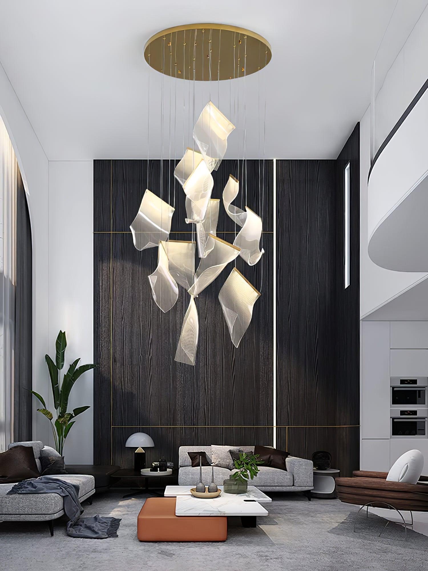 Long acrylic cascade in a double-height living room