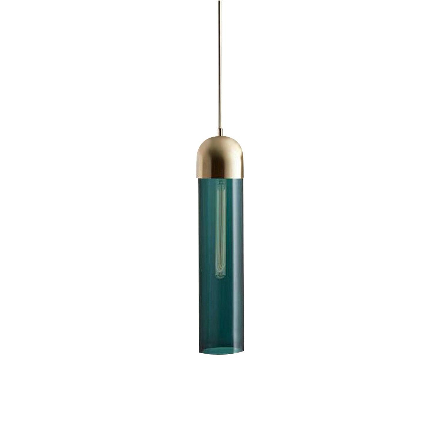 Dark green glass cylinder pendant with rounded gold-tone cap and visible tubular bulb on white